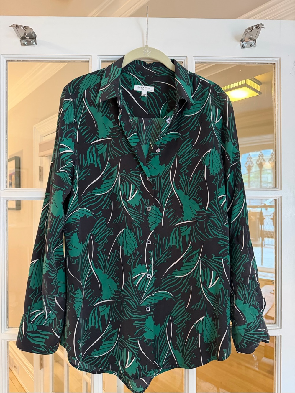 Equipment Black Button-Down Shirt with Green Leaf Print